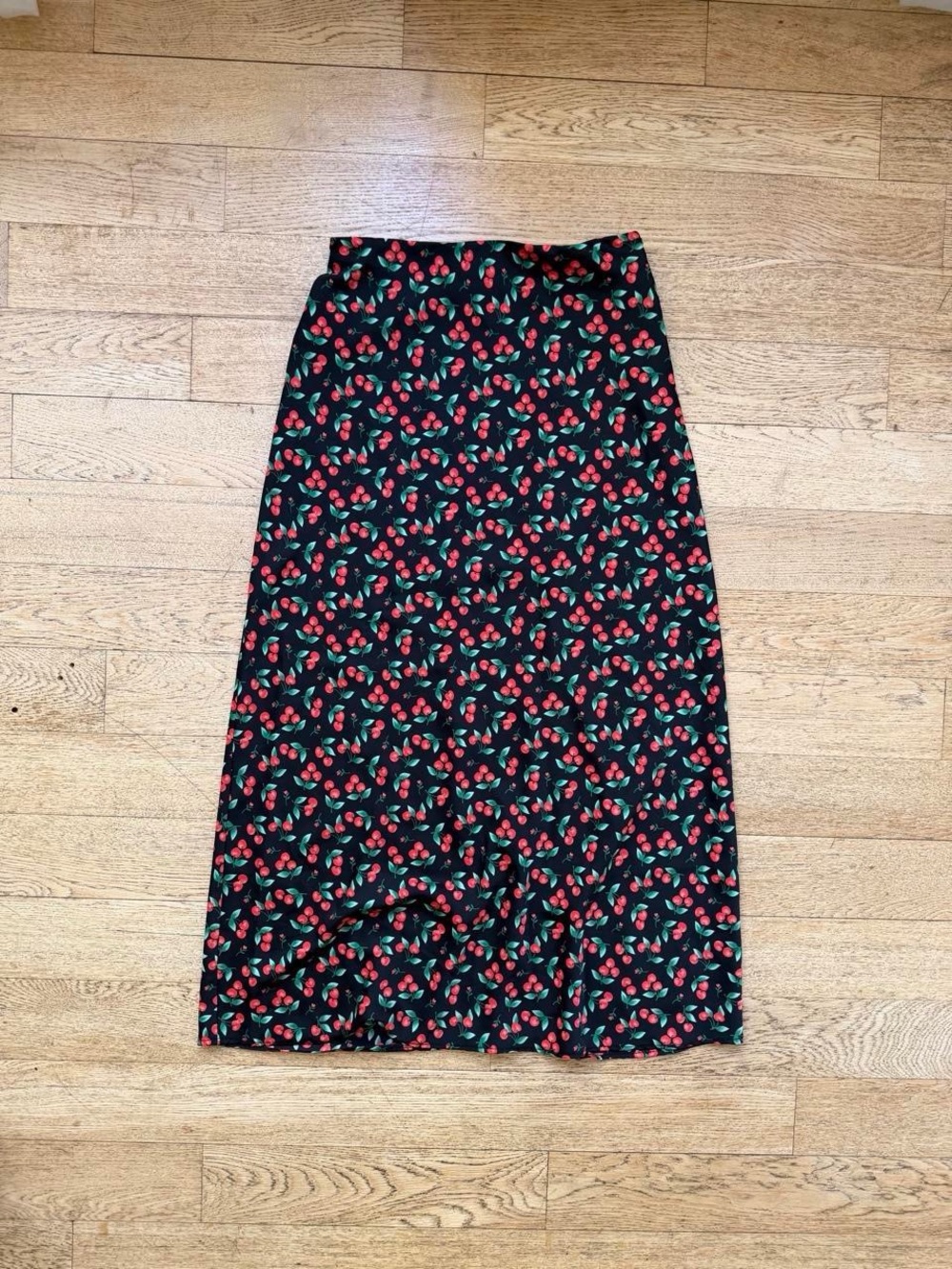 Forever 21 Black Midi Skirt with Red Cherry Print